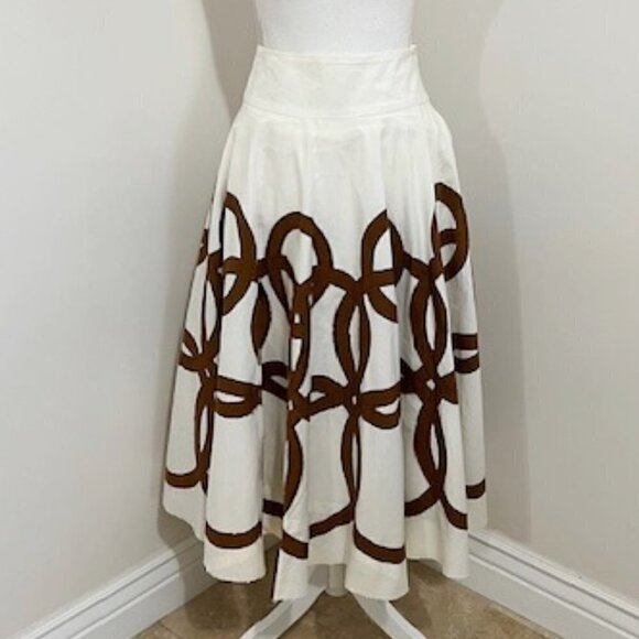 Easton Pearson Full Midi Skirt White & Brown Geometric Cotton - Picture 1 of 12